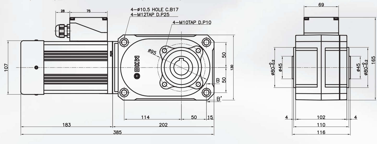 Motorreductor-freno trifásico alto torque 400W, 15 rpm, 120:1, 220v