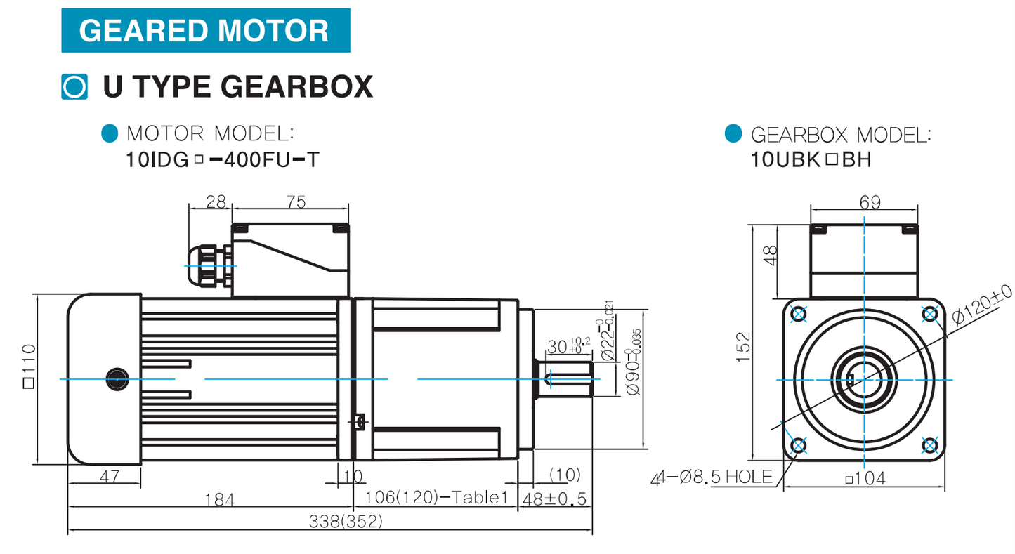 Motorreductor trifásico 400W, 180 rpm, 10:1, 220v